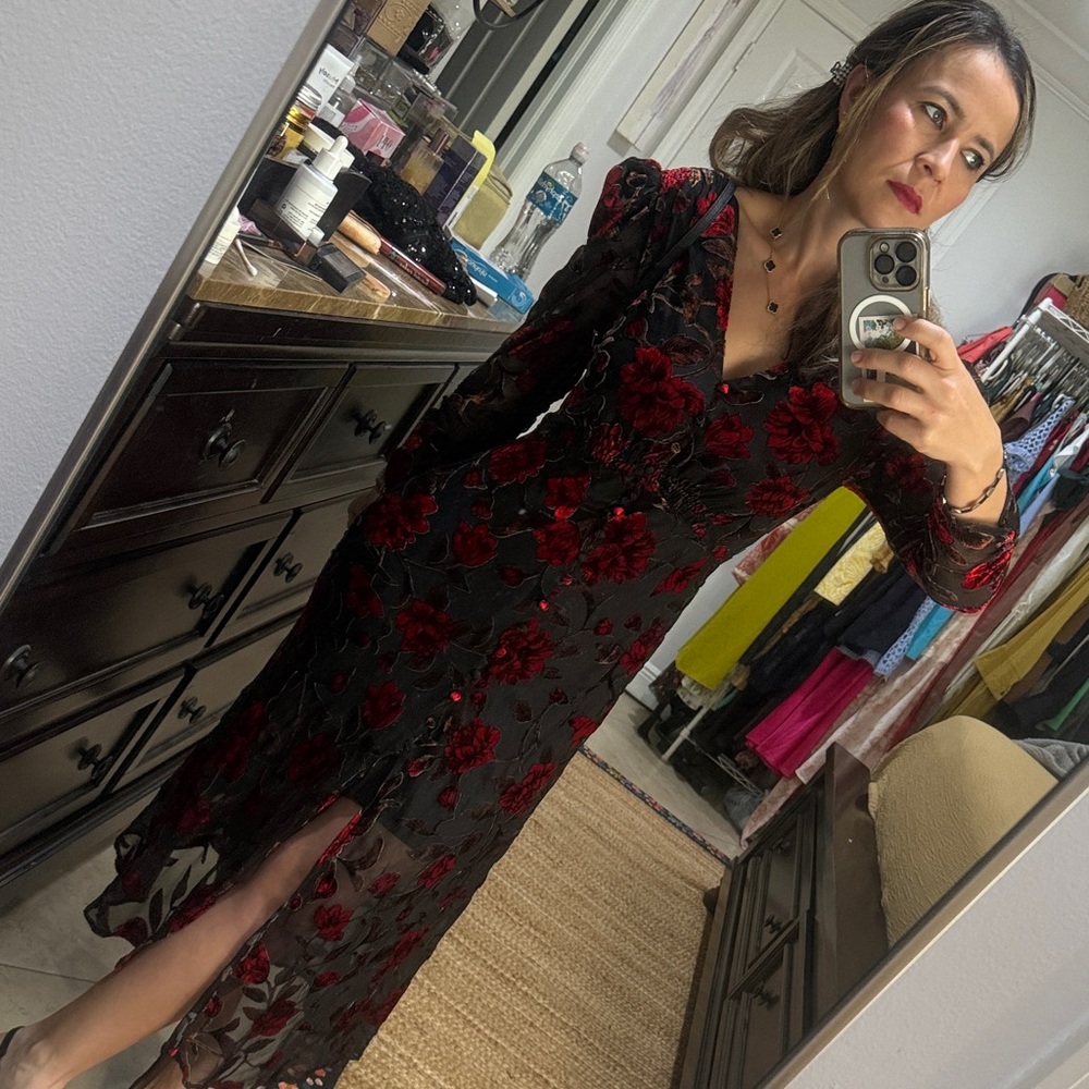 Astr Black and Red Long Sleeve Floral Dress - Picture 3 of 4
